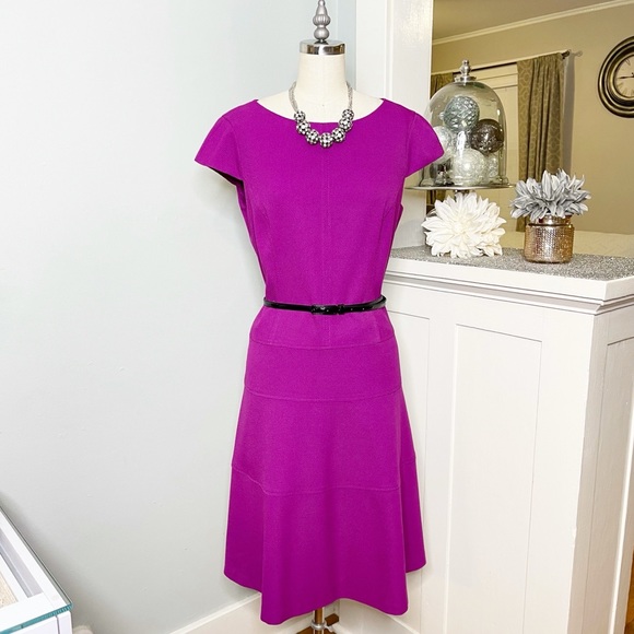 Anne Klein Purple Cap Sleeve Fit & Flare Dress with Belt 10 Medium - Picture 2 of 9